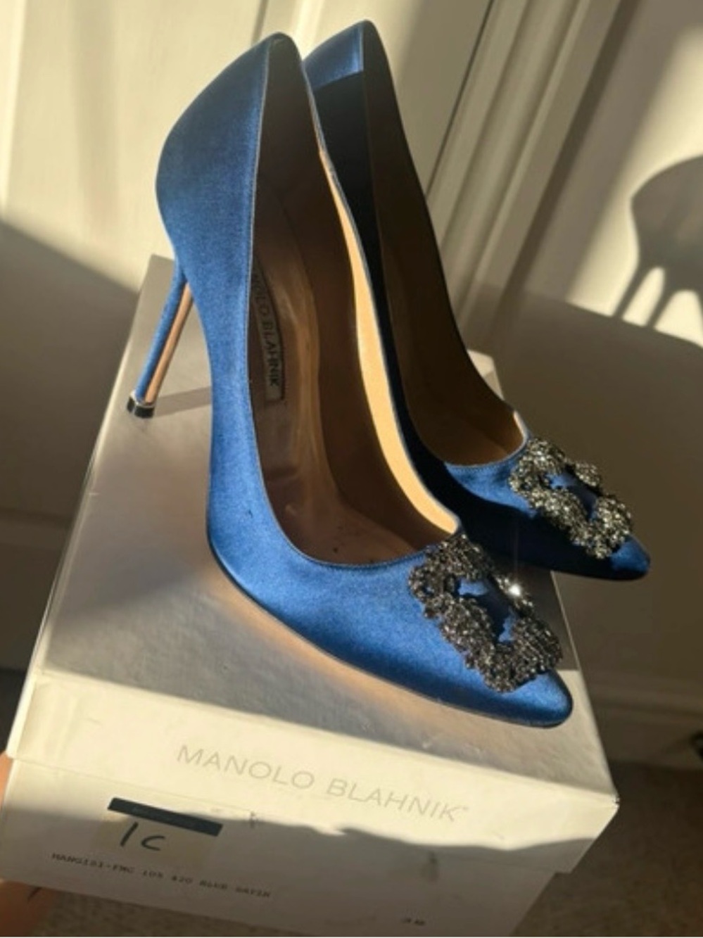 Manolo Blahnik Royal Blue Satin Pointed-Toe Pumps with Crystal Buckle